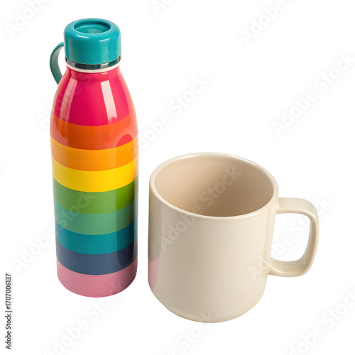 Rainbow Water Bottle and Mug: A colorful rainbow-striped water bottle stands alongside a pristine mug, inviting refreshment and a pop of color to the everyday. 