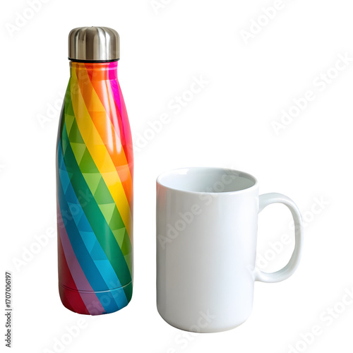 Vibrant Hydration and Cozy Warmth: A colorful water bottle radiates with joy, paired with a clean, simple white mug, perfect for enjoying a warm beverage. 