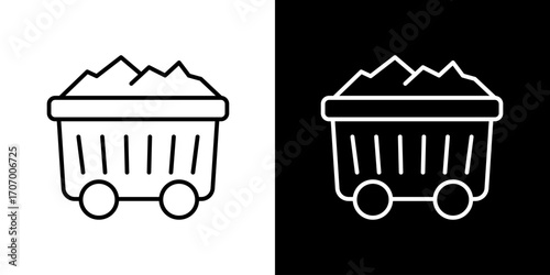 Mining Cart Line Art Coal Transport in Black and White Outline Style, Industry Icon