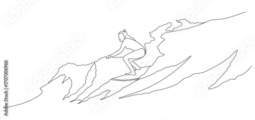continuous line of a woman surfing