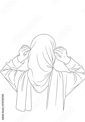 Illustration of line art of woman putting on hijab