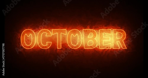 Fiery glowing text OCTOBER with swirling orange flames and dark background