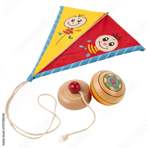 Kite and Wooden Top: A bright, playful wooden kite and top ready for childhood adventures, presented on a plain, minimalist surface, evoking feelings of nostalgia and fun.