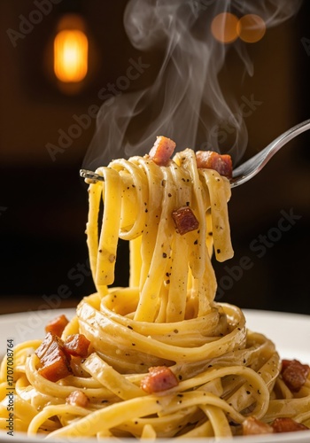 Steaming hot fettuccine carbonara on a fork, close-up