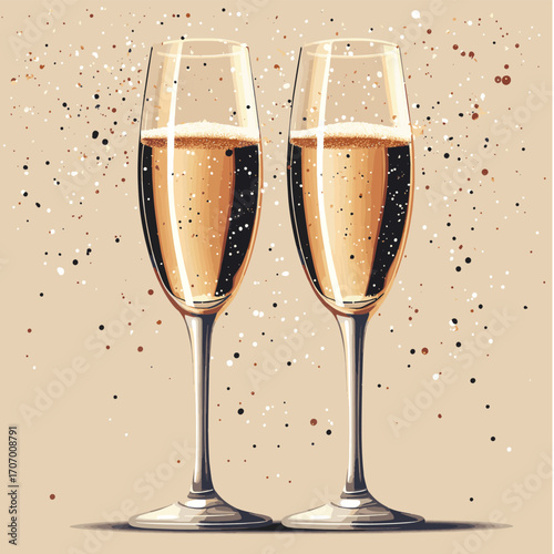 Champagne with sparklers , vector style simple color
