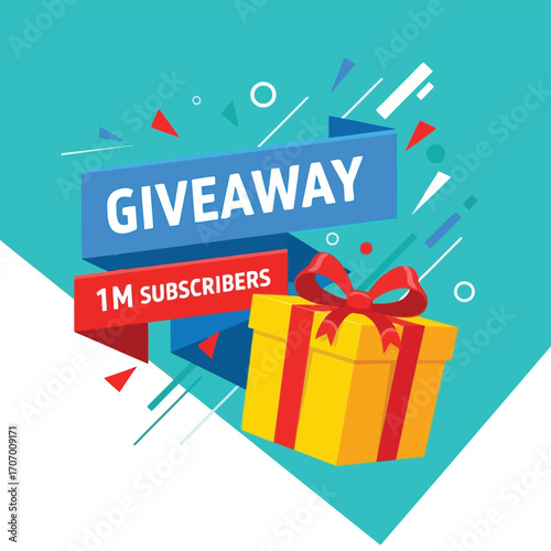 Illustration of giveaway announcement with gift box and 1 million subscribers badge