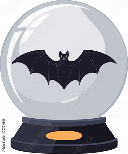 A black bat rests inside a clear glass snow globe, perched on a dark base.