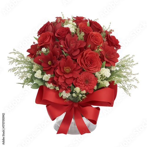 Vibrant Red Rose and Dahlia Floral Arrangement with Red Ribbon Bow red roses red dahlias