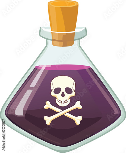 A cartoon illustration of a poison bottle with a skull and crossbones symbol.
