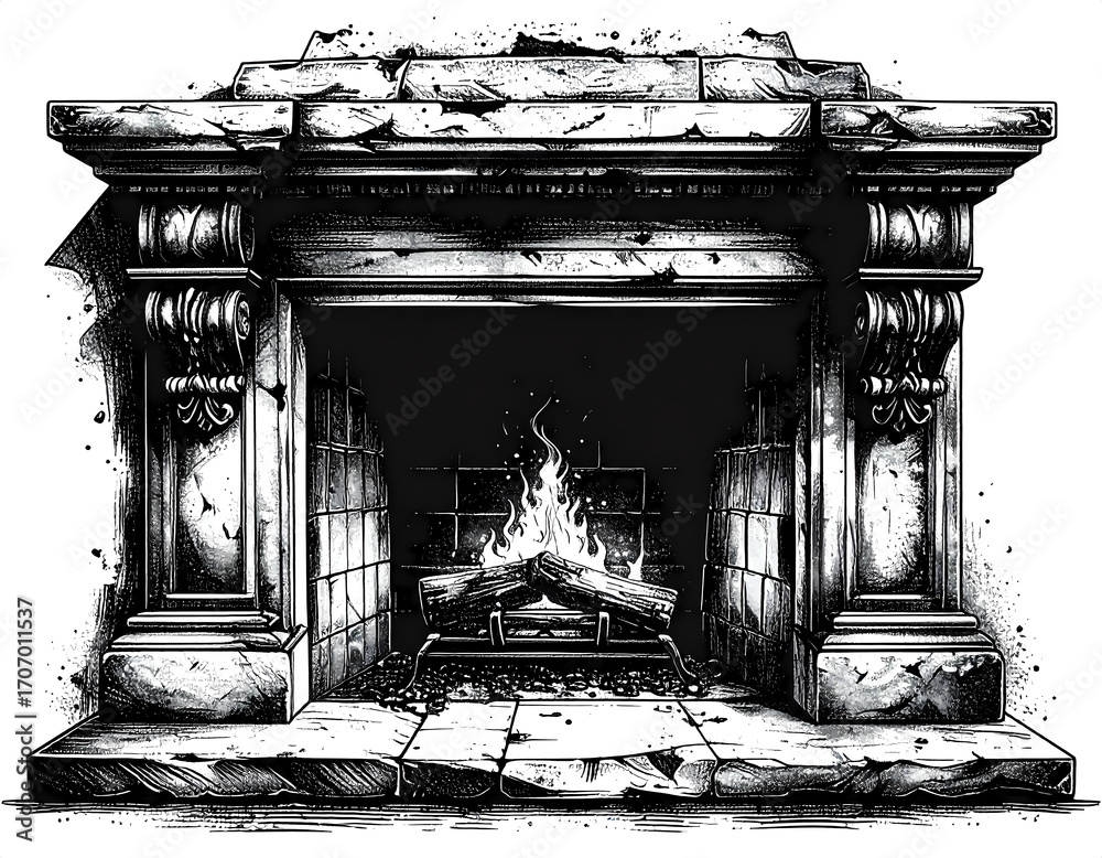 Fototapeta premium Fireplace Black and White Illustration