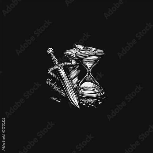 Vintage engraving style illustration featuring a sword thrust into an open book, with an hourglass next to it. Concept of time, knowledge, power, history, and medieval fantasy