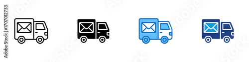 Mail Delivery Multiple Style Icon Design Vector - Truck carrying envelope, representing email delivery, logistics communication, or message transport