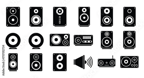 various speaker designs and audio equipment icons displayed