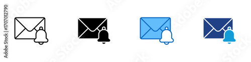 Mail Notification Multiple Style Icon Design Vector - Envelope with bell, representing email alert, inbox notification, or new message reminder