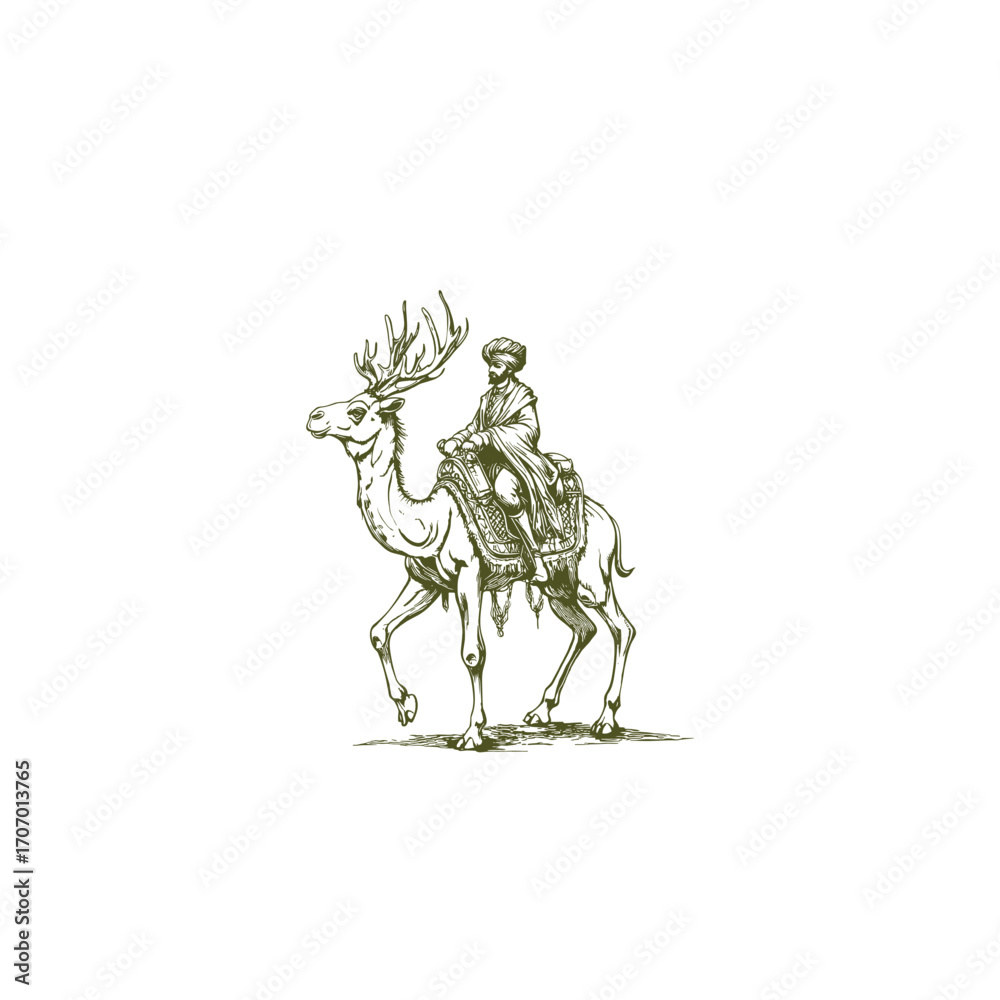 Obraz premium Vintage engraving illustration of a desert traveler or figure in a turban riding a mythical beast of burden a camel with large deer or stag antlers. Concept for exotic travel, ancient mythology