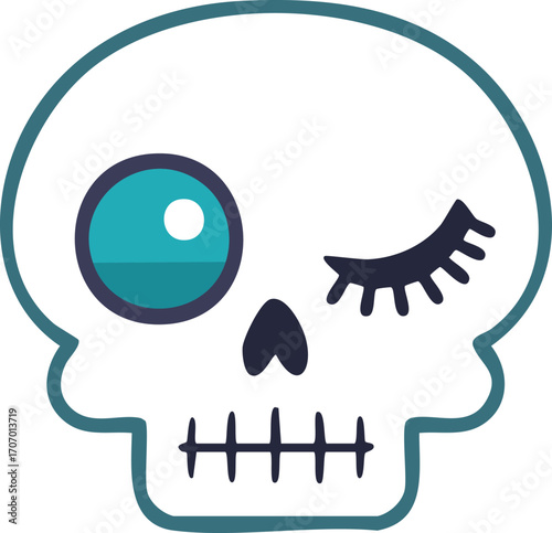 Cute cartoon skull with winking eye and eyelashes.