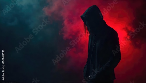 A shadowy figure shrouded in darkness, embodying temptation and moral transgression The image suggests hidden desires and the allure of the forbidden , regret, demon