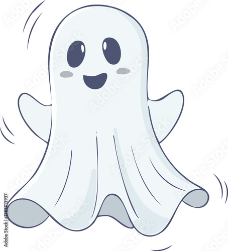 A cheerful, cartoon ghost joyfully floats, arms outstretched, showcasing a friendly and playful demeanor.