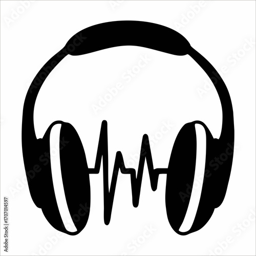 Minimalist black silhouette icon of headphones with a sound wave graphic, symbolizing music, audio frequency, and the concept of listening
