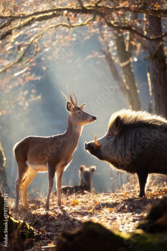 Deer and wild pig forest encounter