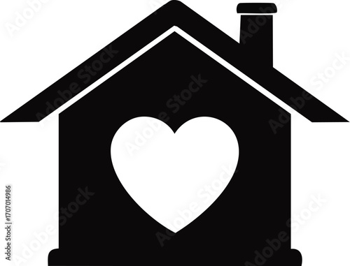 Simple black silhouette of a house with a white heart, symbolizing home and love.