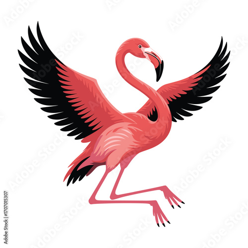 Vibrant pink flamingo spreading its wings in a dynamic pose