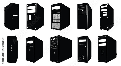 various computer towers displayed in black and white