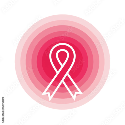 Pink ribbon symbol on concentric circles for Breast Cancer Awareness Month against a white background with a flat design and warm color tones.