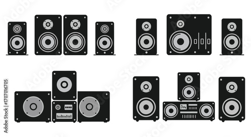 various speaker designs arranged in groups showing different sizes