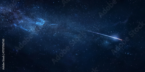 Distant spacecraft journeys through a vibrant, star-filled nebula.