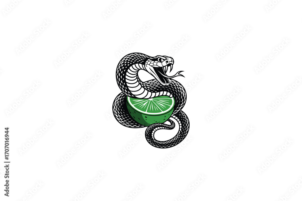 Obraz premium Black snake coiled around green lime slice serpent
