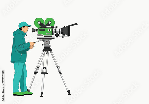 Illustration of filmmaker operating a vintage camera on a tripod