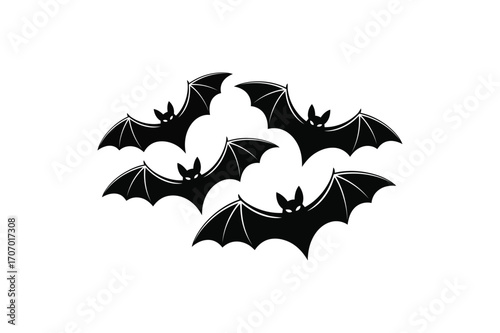 Five black bats flying in a cluster animal creature