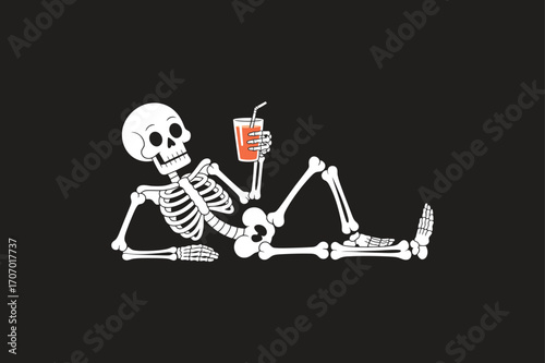 White skeleton relaxing with orange drink on black background