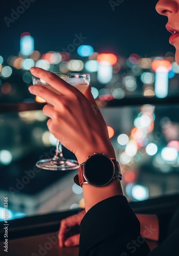 Woman with smartwatch holding cocktail in a city bar at night