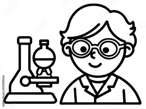 Cartoon scientist with glasses next to microscope and flask  