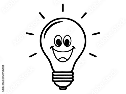 Smiling light bulb character with glowing rays around it  