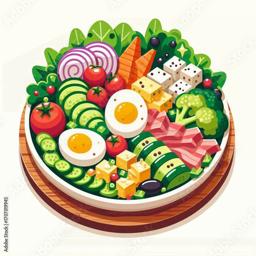 A colorful salad bowl sits atop a wooden surface featuring eggs tomatoes broccoli onion cucumbers and cheese cubes