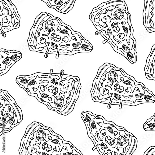 Doodle pizza slices pattern. Background with pieces of pizza. Pizza slices vector background. Hand drawn of pizza slices. Seamless outline pattern of pizza slices. Pattern pizza slices in doodle style