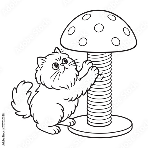 Line art of persian cat scratching at the mushroom-shaped scratching post cartoon vector