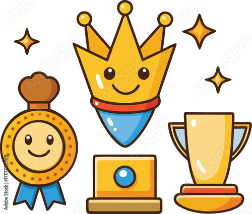 Cute cartoon award icons including a crown, medal, trophy, and pedestal with stars prize  vector style EPS file download
