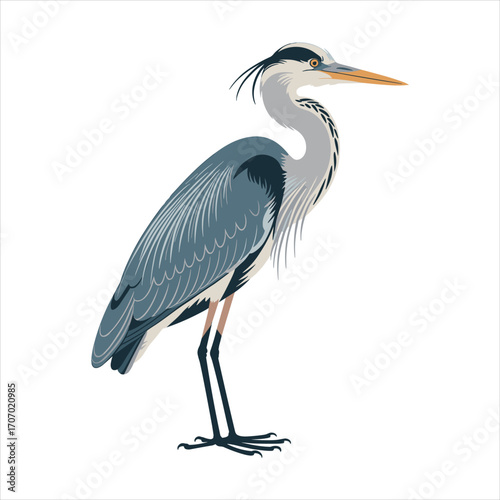 Elegant grey heron sculpture standing proudly on thin legs against a white background