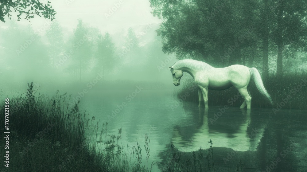 Fototapeta premium White horse in misty forest landscape