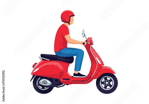 Illustration of man in red shirt and helmet riding a red scooter