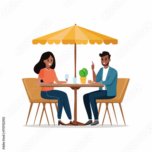 Stylish diverse couple enjoying outdoor cafe date under umbrella, modern lifestyle scene, vector