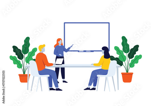 Illustration of team meeting with presentation and plants in modern office