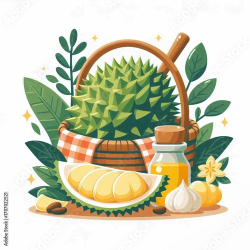 A durian fruit in a basket with leaves sliced durian garlic and a bottle of oil