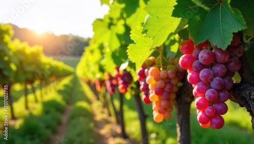Wallpaper Mural Sun-drenched rows of ripening grapes hanging heavy on the vine, ready for harvest at a picturesque winery Lush green foliage surrounds the vibrant fruit , scenic, leaves Torontodigital.ca