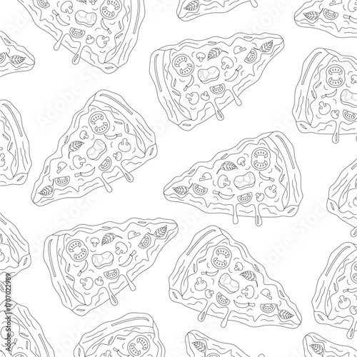 Doodle pizza slices pattern. Background with pieces of pizza. Pizza slices vector background. Hand drawn of pizza slices. Seamless outline pattern of pizza slices. Pattern pizza slices in doodle style