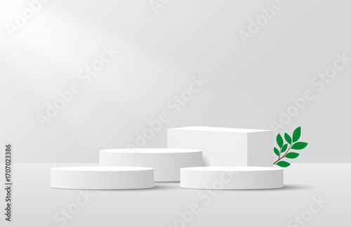 Minimal scene studio room. White 3D cube podium and cylinder with green leaf branch decoration. Cylinder pedestal for product mockup. Clean showroom for cosmetic presentation.
